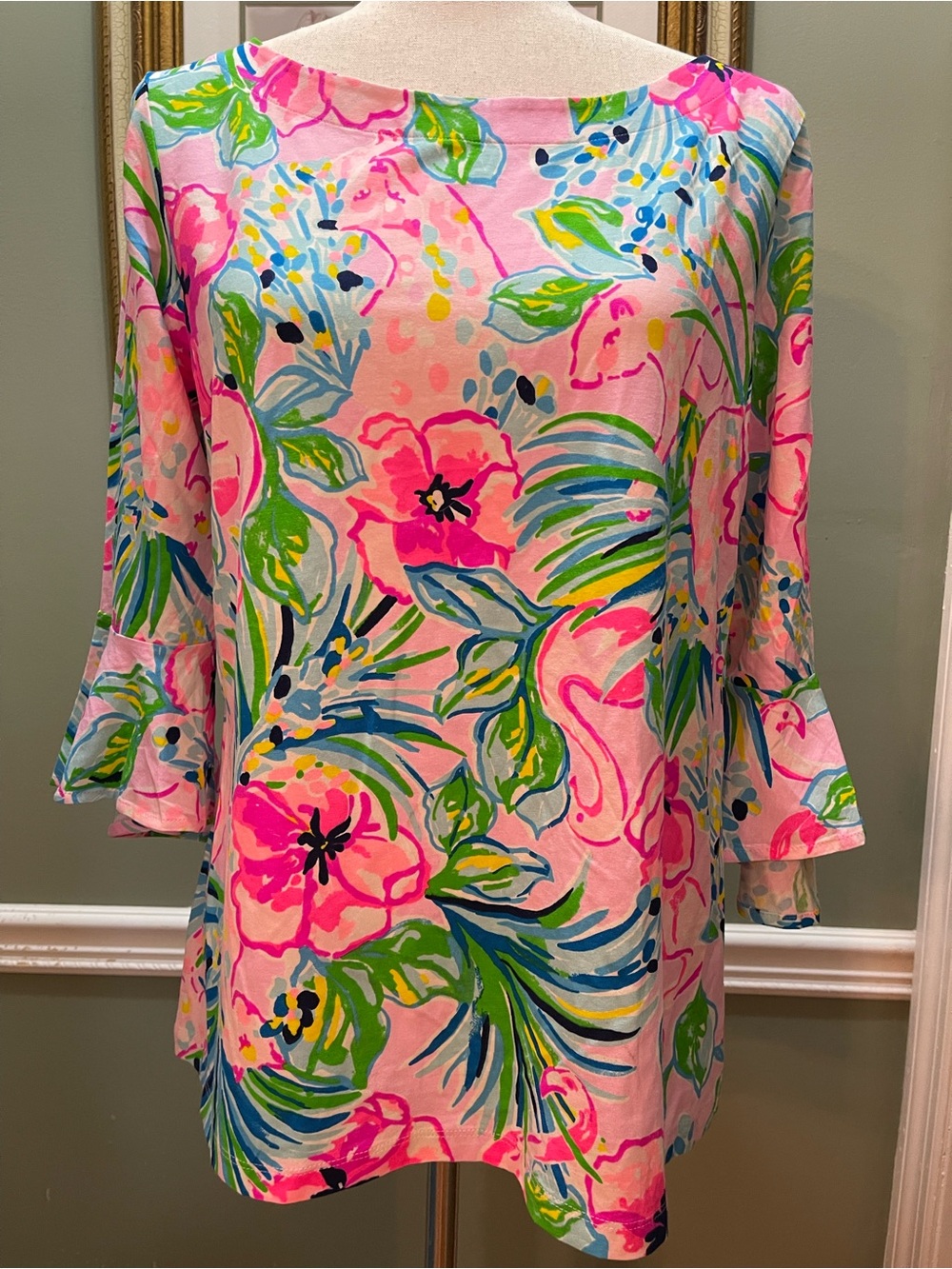 Lilly Pulitzer Pink Floral Boatneck Tunic Top with Bell Sleeves. (NWOT)